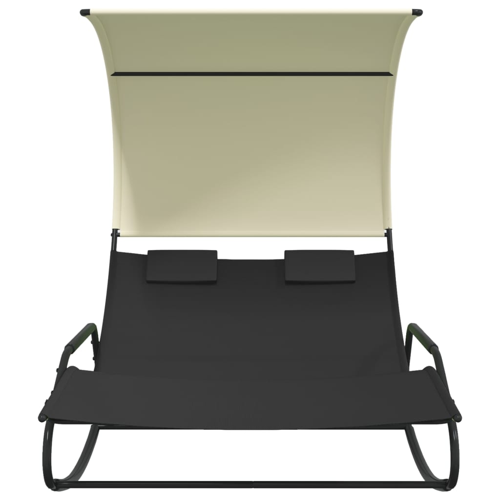 vidaXL Chaise longue double à bascule avec auvent Noir et crème