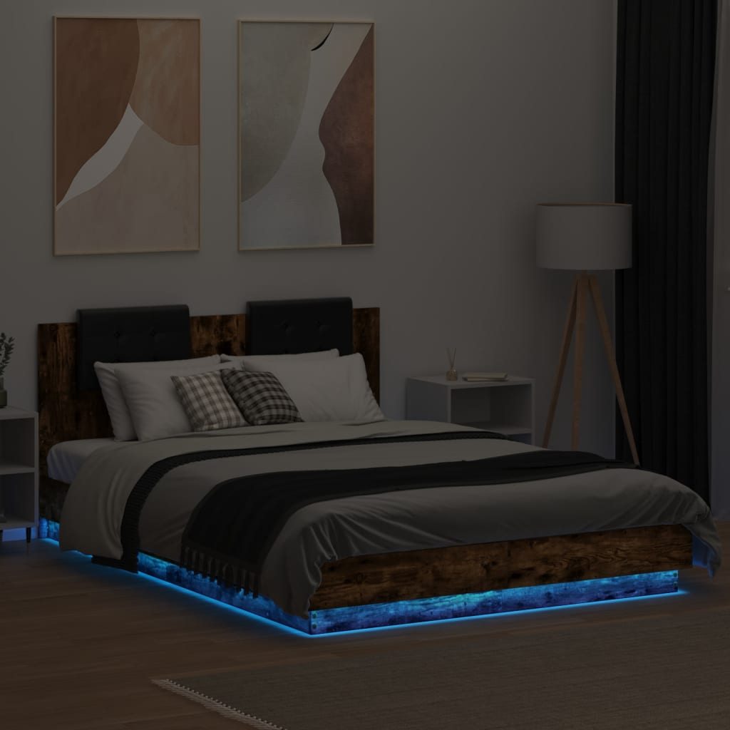 vidaXL Cadre de lit tête de lit et lumières LED chêne fumé 140x200 cm