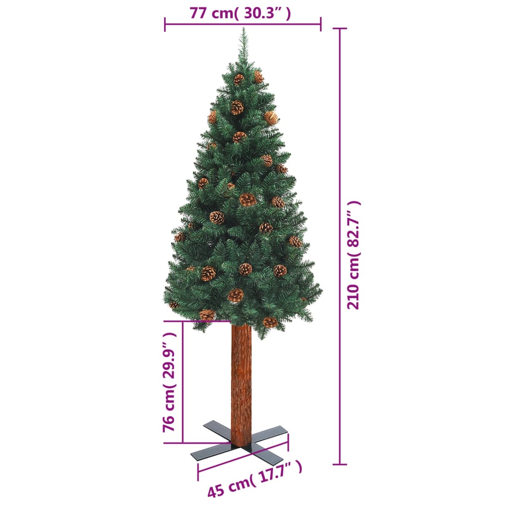 vidaXL Sapin de Noël mince avec bois véritable et cônes vert 210cm PVC