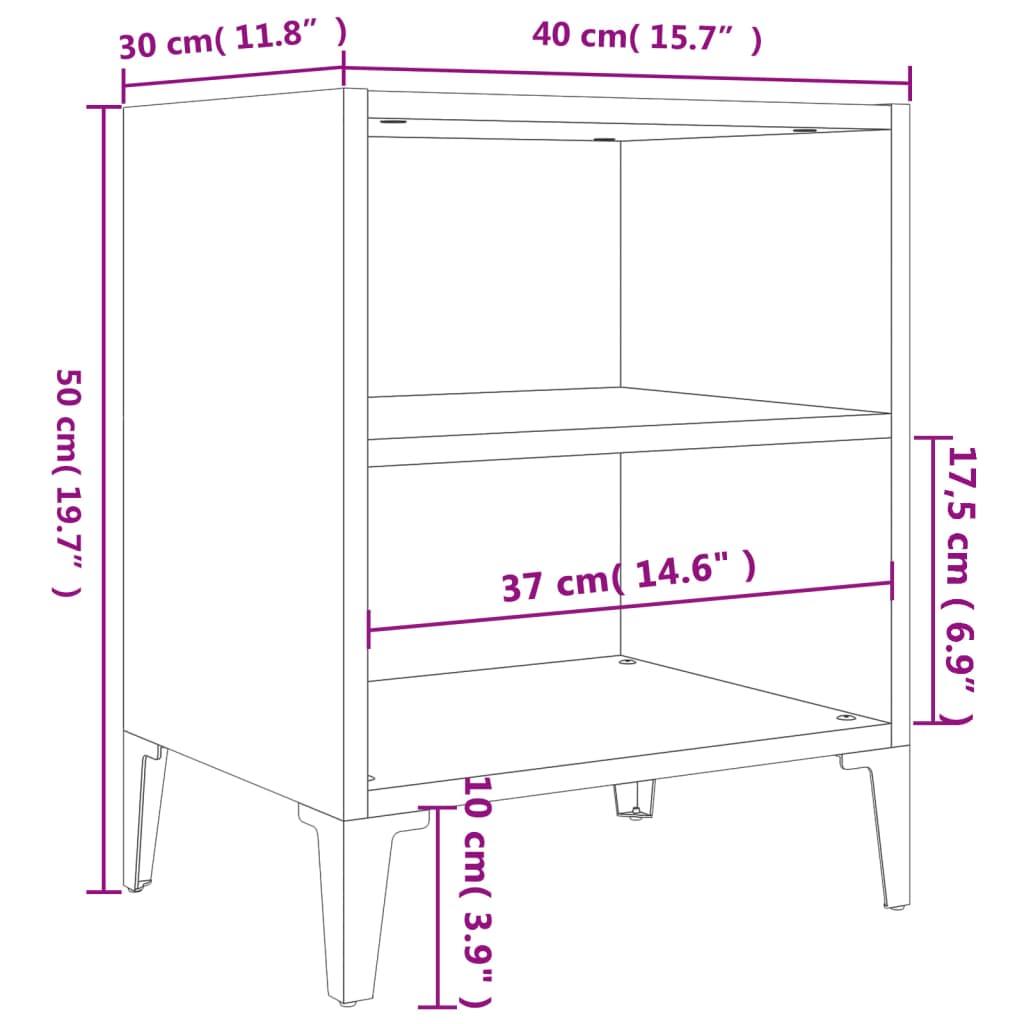 vidaXL Table de chevet avec pieds en métal Sonoma gris 40x30x50 cm
