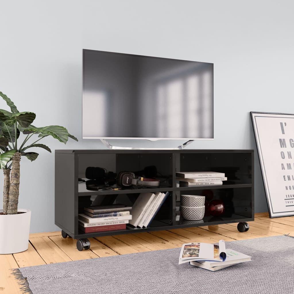 vidaXL Meuble TV avec roulettes Noir brillant 90x35x35 cm Aggloméré