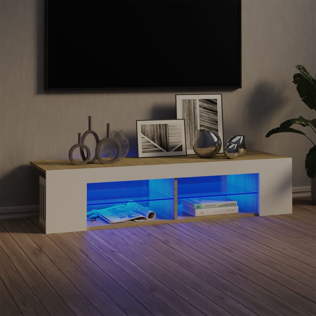 vidaXL Meuble TV avec lumières LED blanc et chêne sonoma 135x39x30 cm
