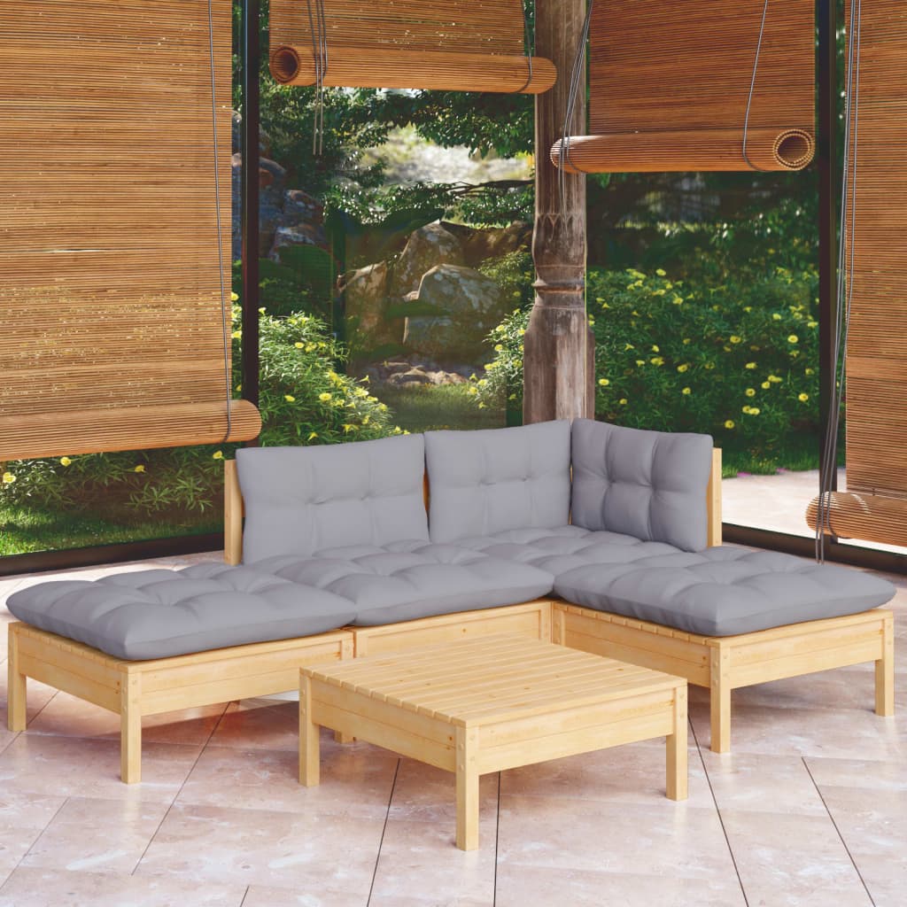 vidaXL Salon de jardin 5 pcs avec coussins gris bois de pin