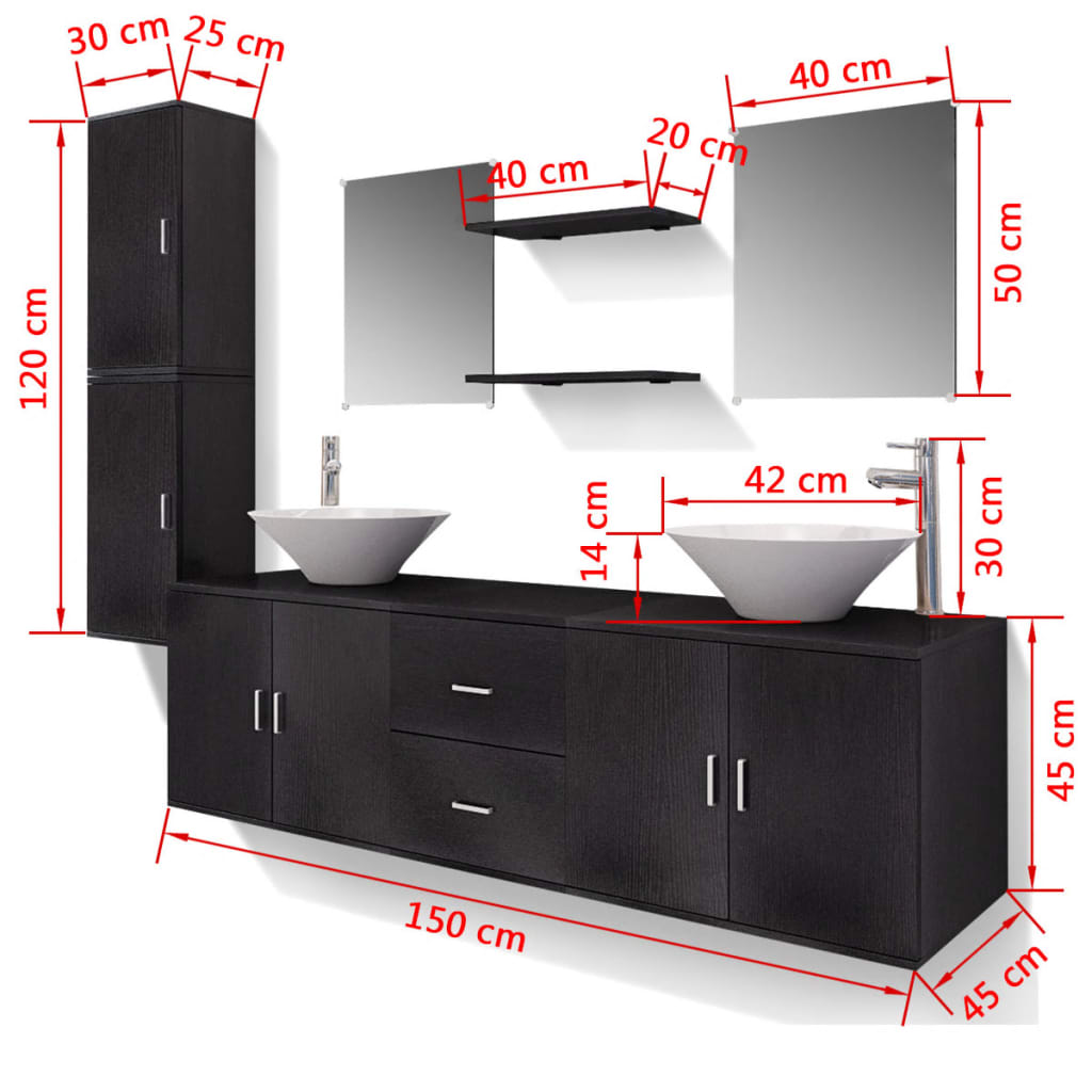 vidaXL Meuble de salle de bain 11 pcs avec lavabo et robinet Noir