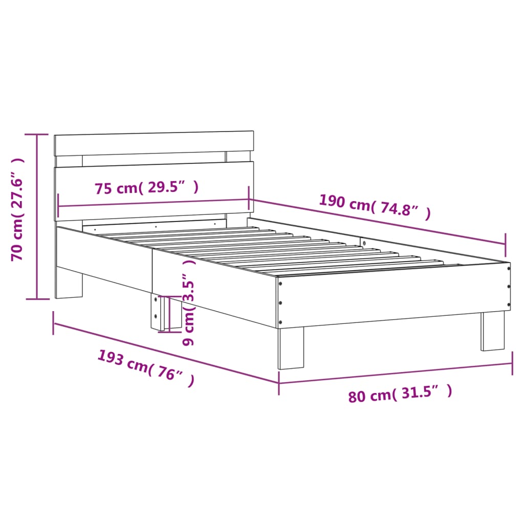 vidaXL Cadre de lit avec tête de lit chêne sonoma 75x190 cm