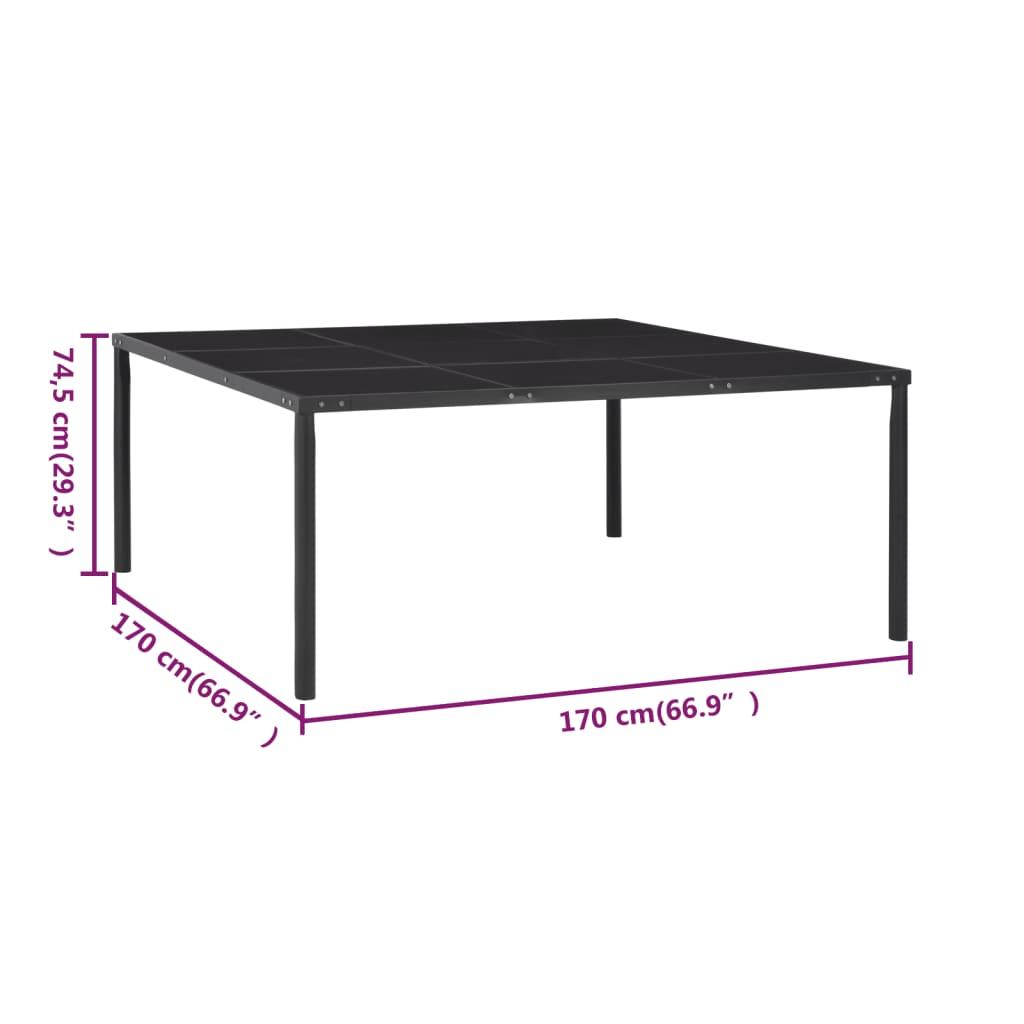 vidaXL Table de jardin Noir 170x170x74,5 cm Acier et verre