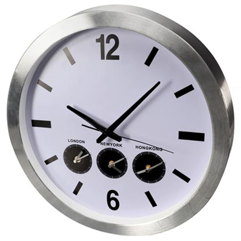 Perel Horloge murale trois fuseaux horaires 45,5 cm Blanc et argenté
