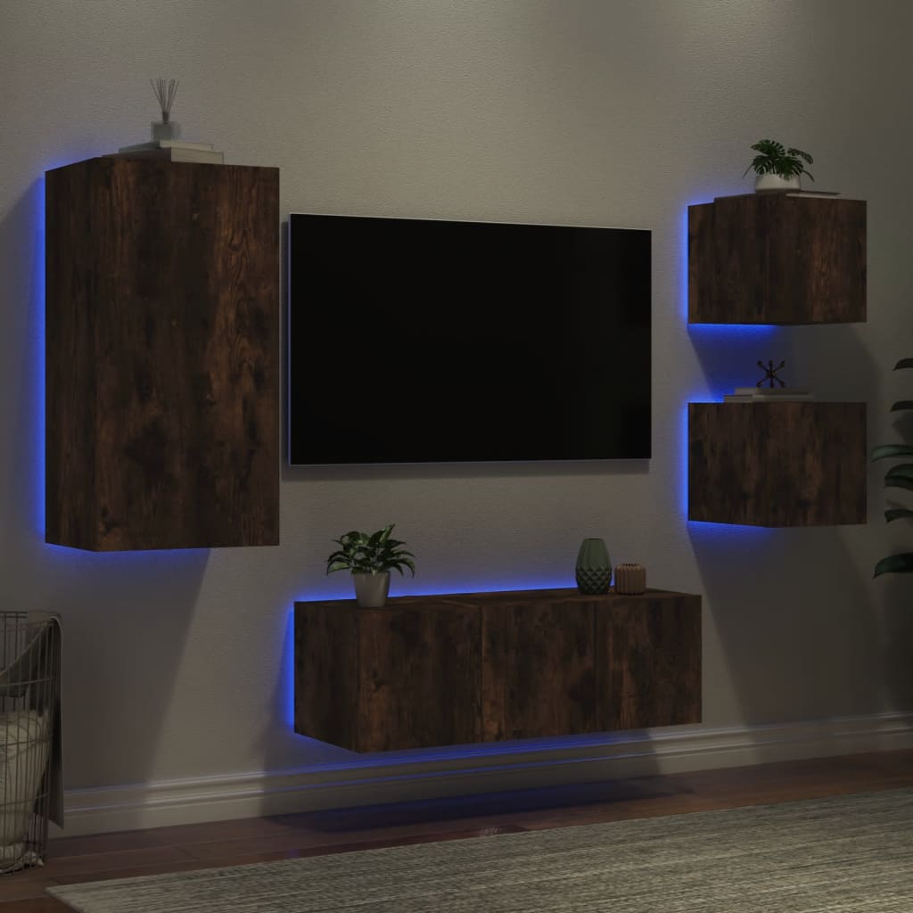 vidaXL Unités murales TV avec LED 5 pcs chêne fumé bois d'ingénierie