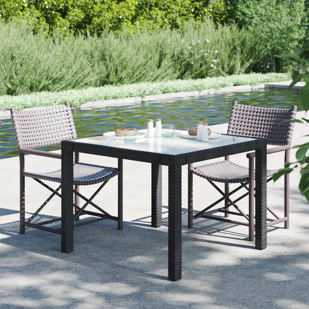 vidaXL Table de jardin 90x90x75 cm Verre trempé et résine tressée Noir