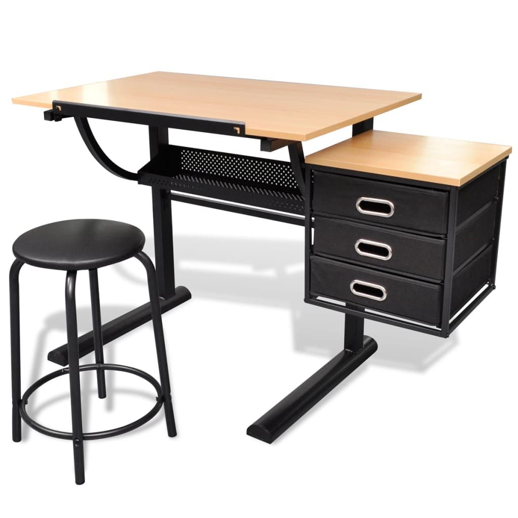 vidaXL Table à dessin inclinable à 3 tiroirs avec tabouret