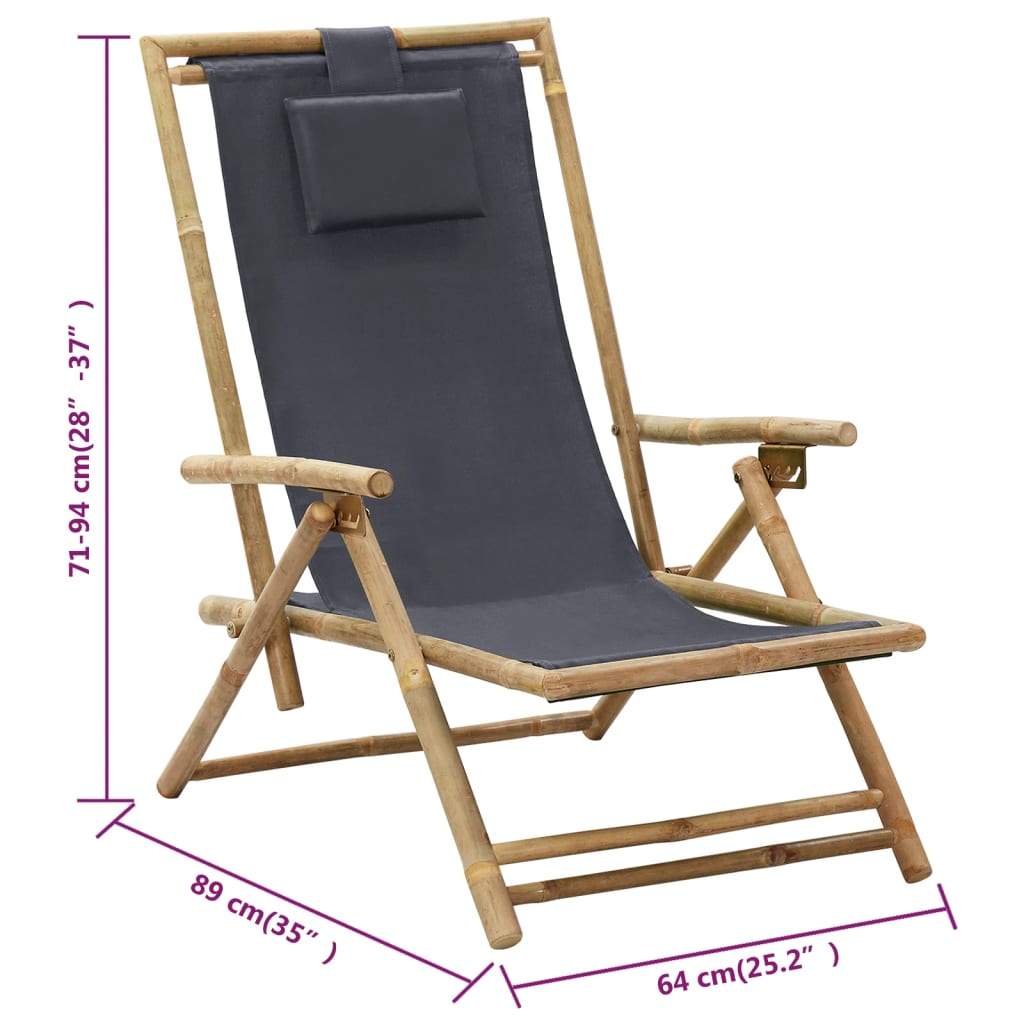 vidaXL Chaise de relaxation inclinable Gris foncé Bambou et tissu