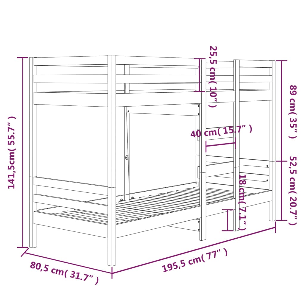 vidaXL Lit superposé Noir 75x190 cm Bois de pin massif
