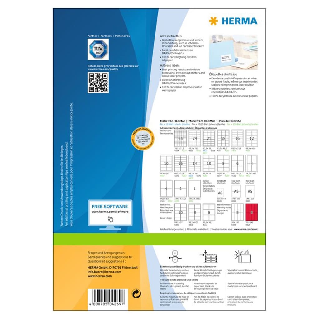 HERMA Étiquettes d'adresse permanentes A4 99,1x67,7 mm 100 feuilles