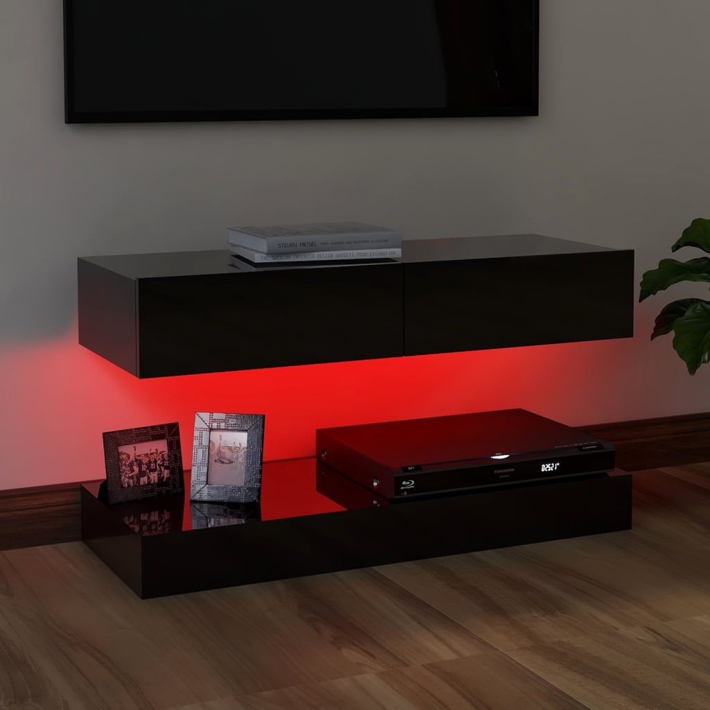 vidaXL Meuble TV avec lumières LED noir brillant 90x35 cm