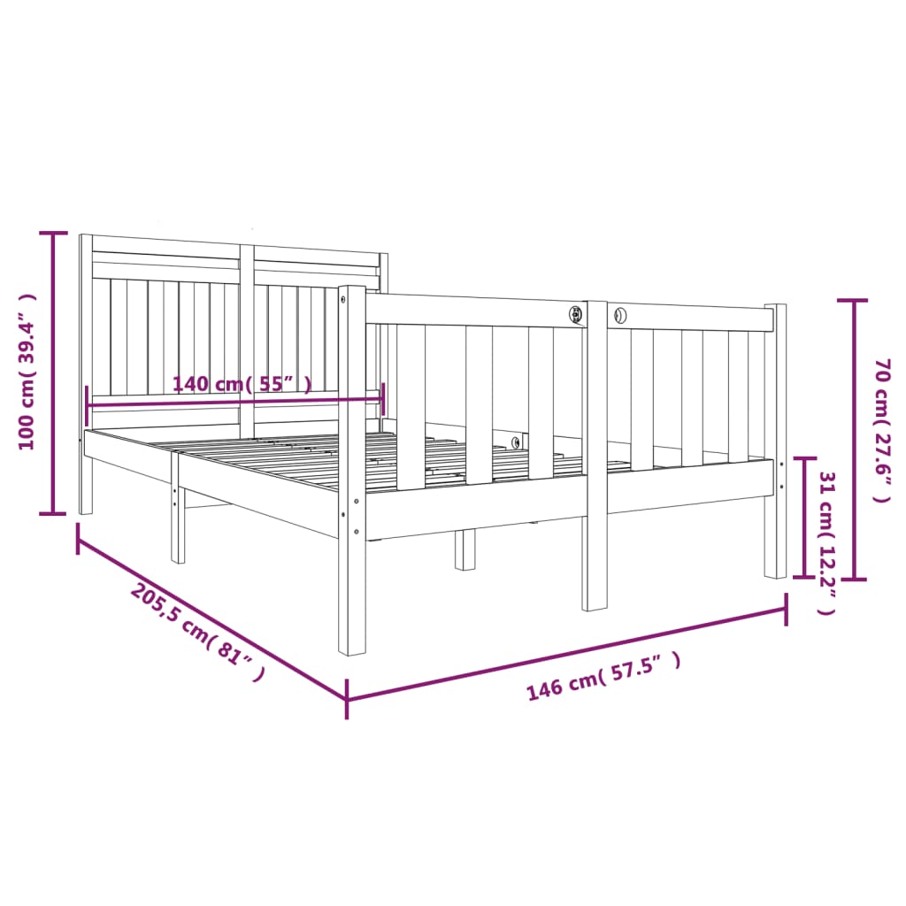 vidaXL Cadre de lit Gris Bois massif 140x200 cm