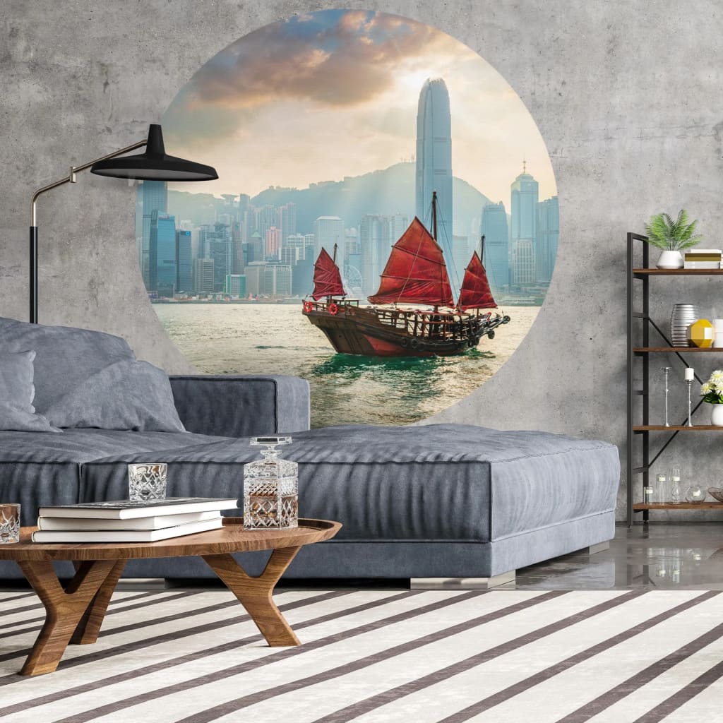 WallArt Papier peint cercle Skyline with Junk Boat 190 cm