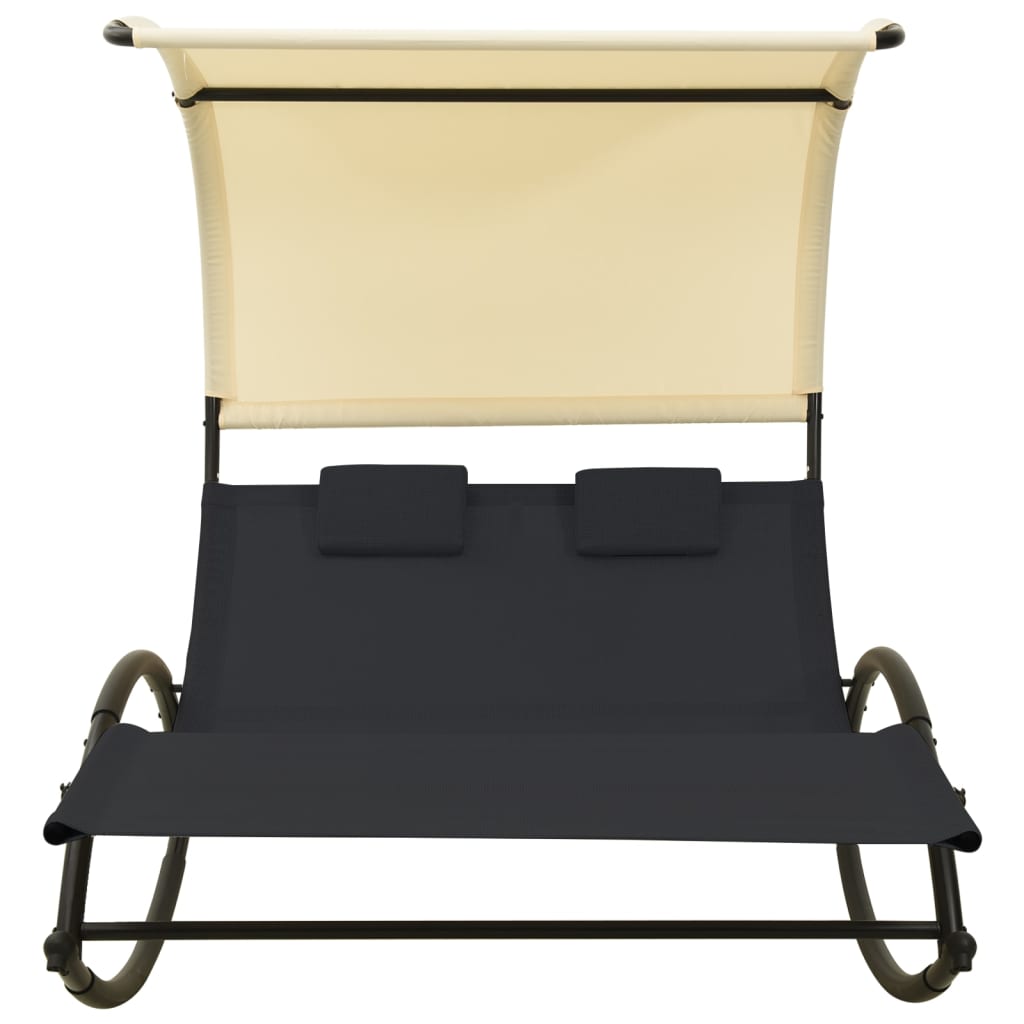 vidaXL Chaise longue double avec auvent textilène noir et crème