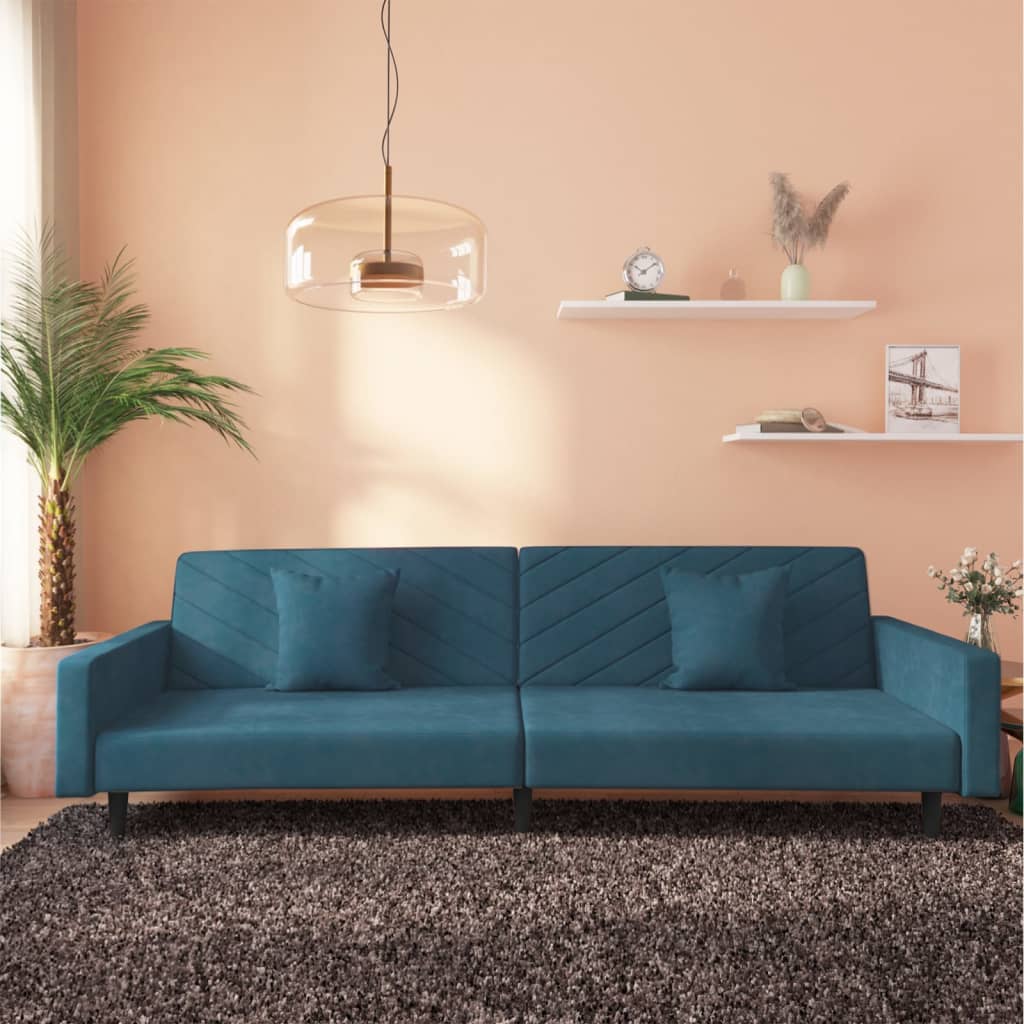 vidaXL Canapé-lit à 2 places avec deux oreillers Bleu Velours