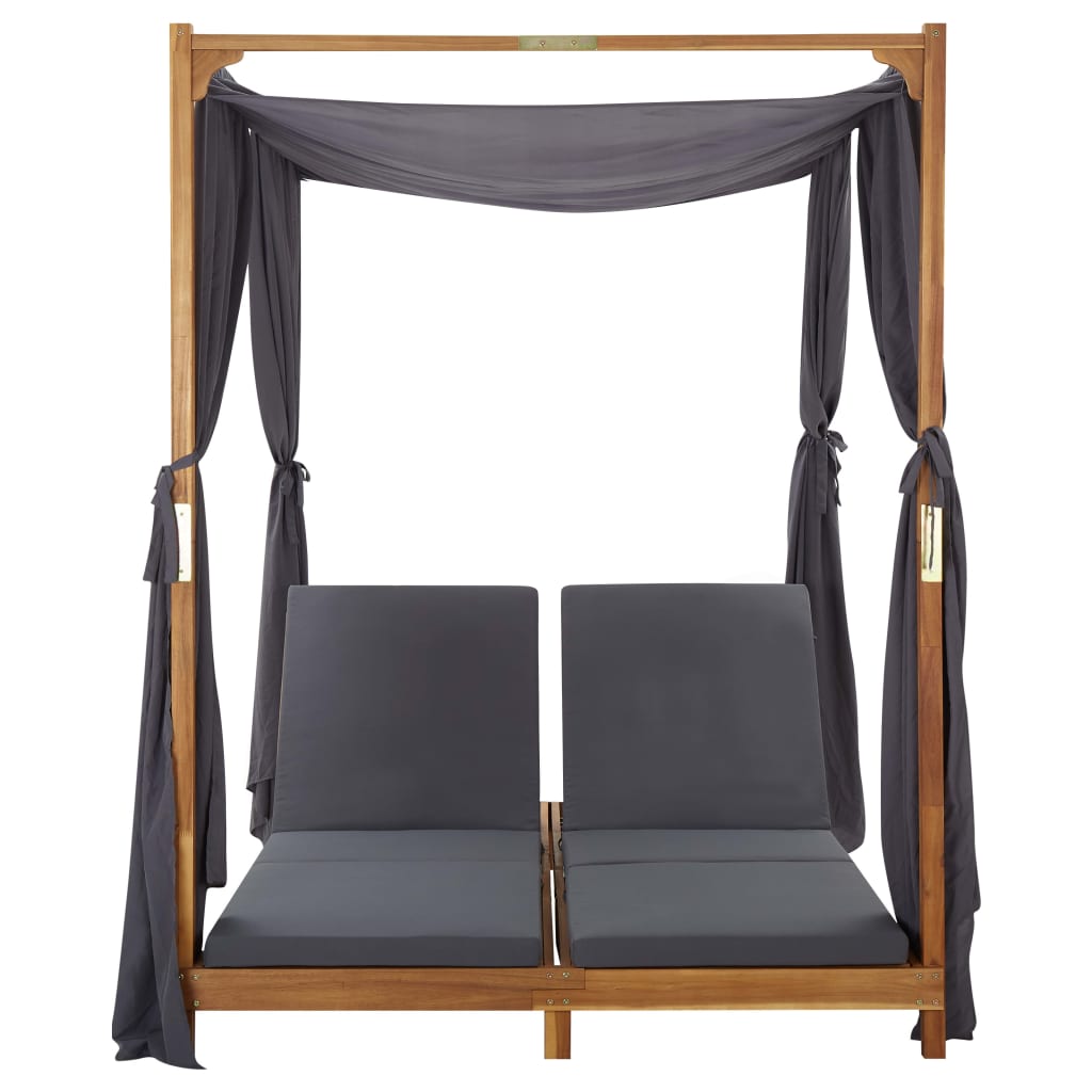 vidaXL Chaise longue double avec rideaux et coussins Bois d'acacia