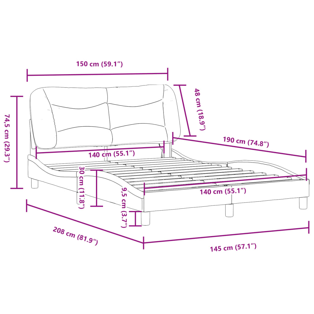 vidaXL Cadre de lit avec lumières LED gris foncé 140x190 cm tissu