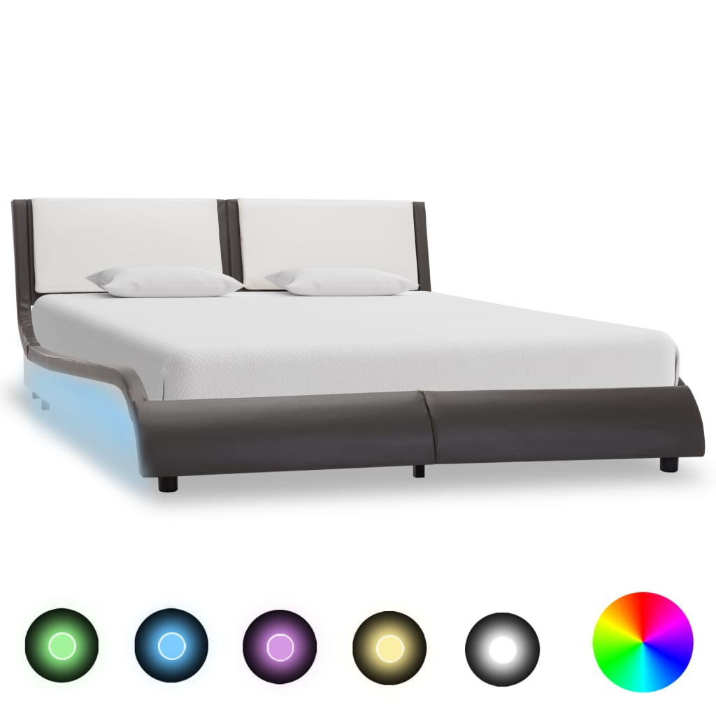 vidaXL Cadre de lit avec LED Gris et blanc Similicuir 135x190 cm