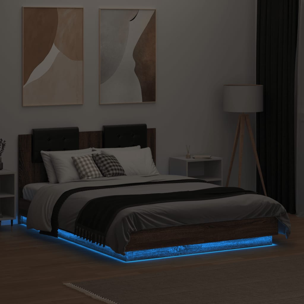 vidaXL Cadre de lit tête de lit et lumières LED chêne marron 140x190cm
