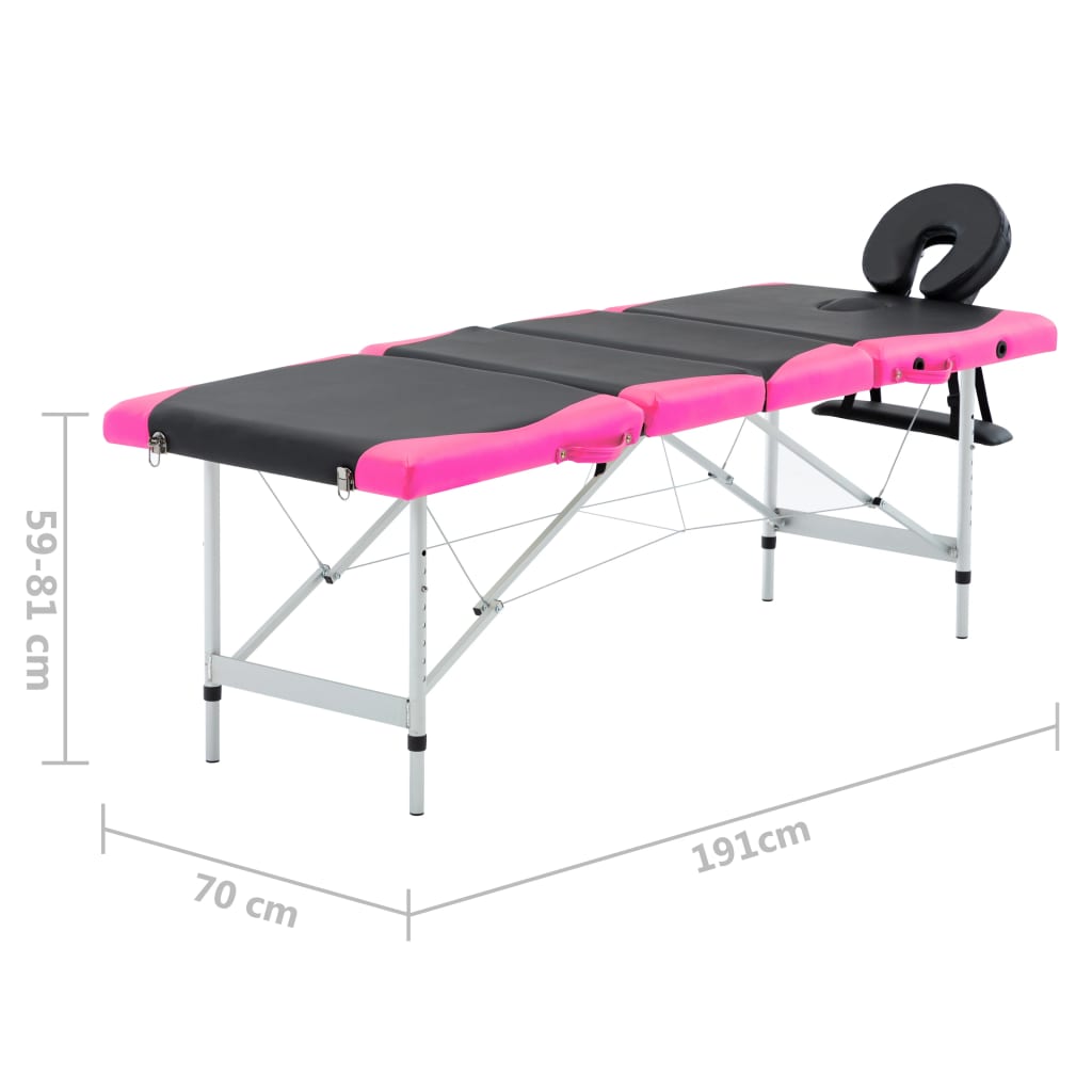 vidaXL Table de massage pliable 4 zones Aluminium Noir et rose