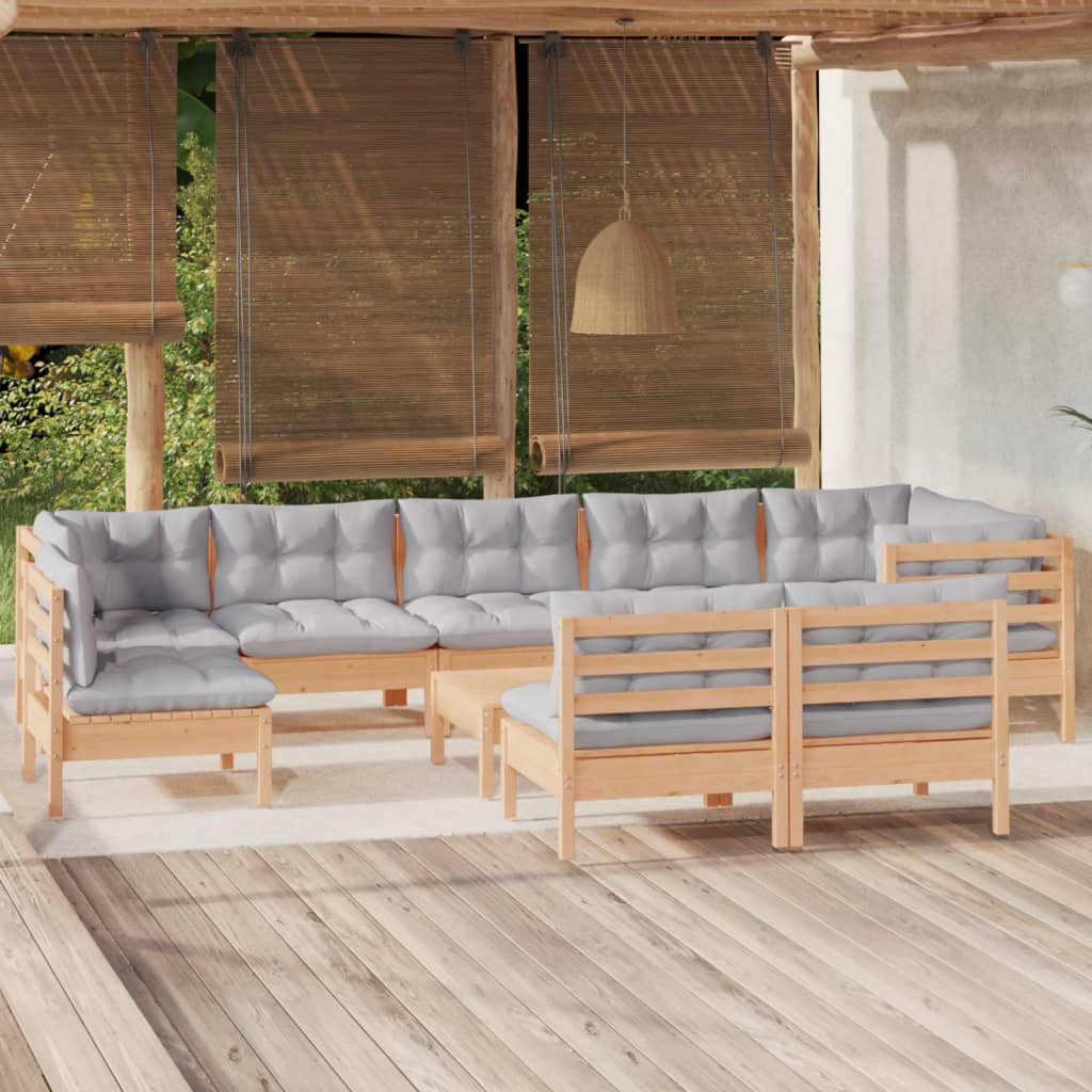 vidaXL Salon de jardin 10 pcs avec coussins gris bois de pin massif