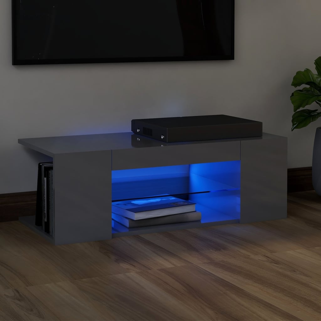 vidaXL Meuble TV avec lumières LED gris brillant 90x39x30 cm