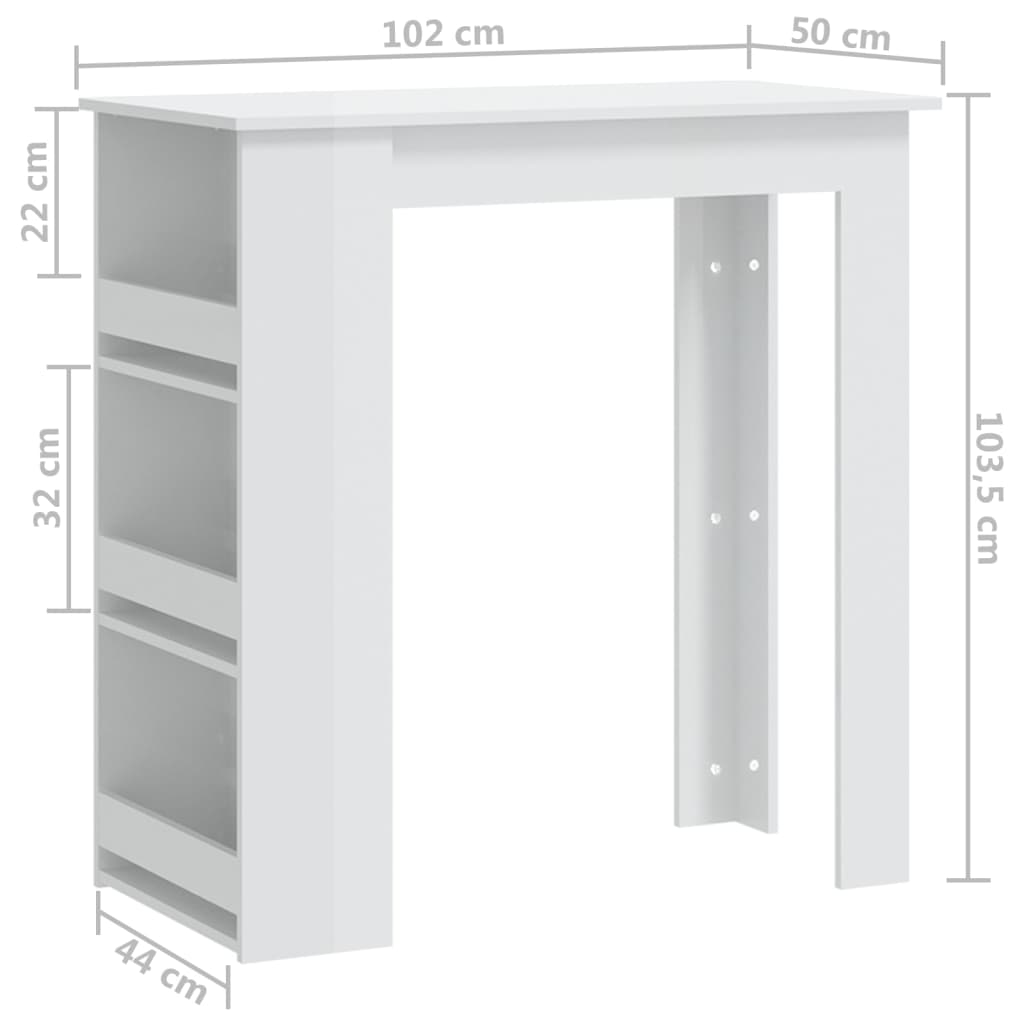 vidaXL Table de bar étagère de rangement Blanc brillant 102x50x103,5cm