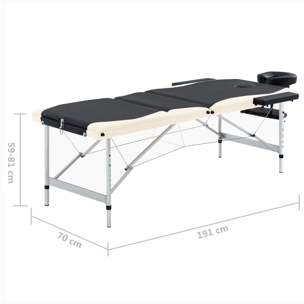 vidaXL Table de massage pliable 3 zones Aluminium Noir et beige