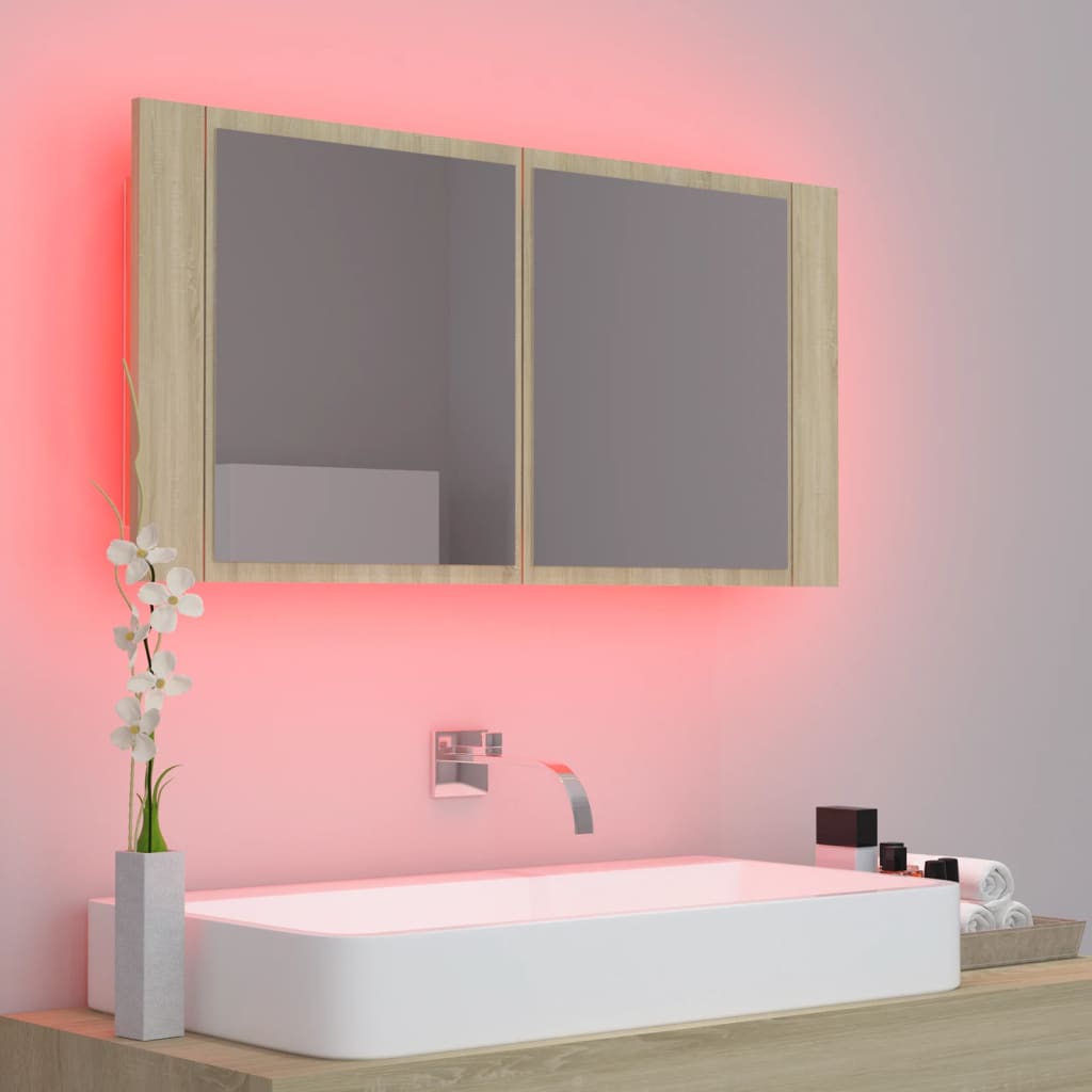 vidaXL Armoire à miroir à LED de bain Chêne sonoma 90x12x45 Acrylique