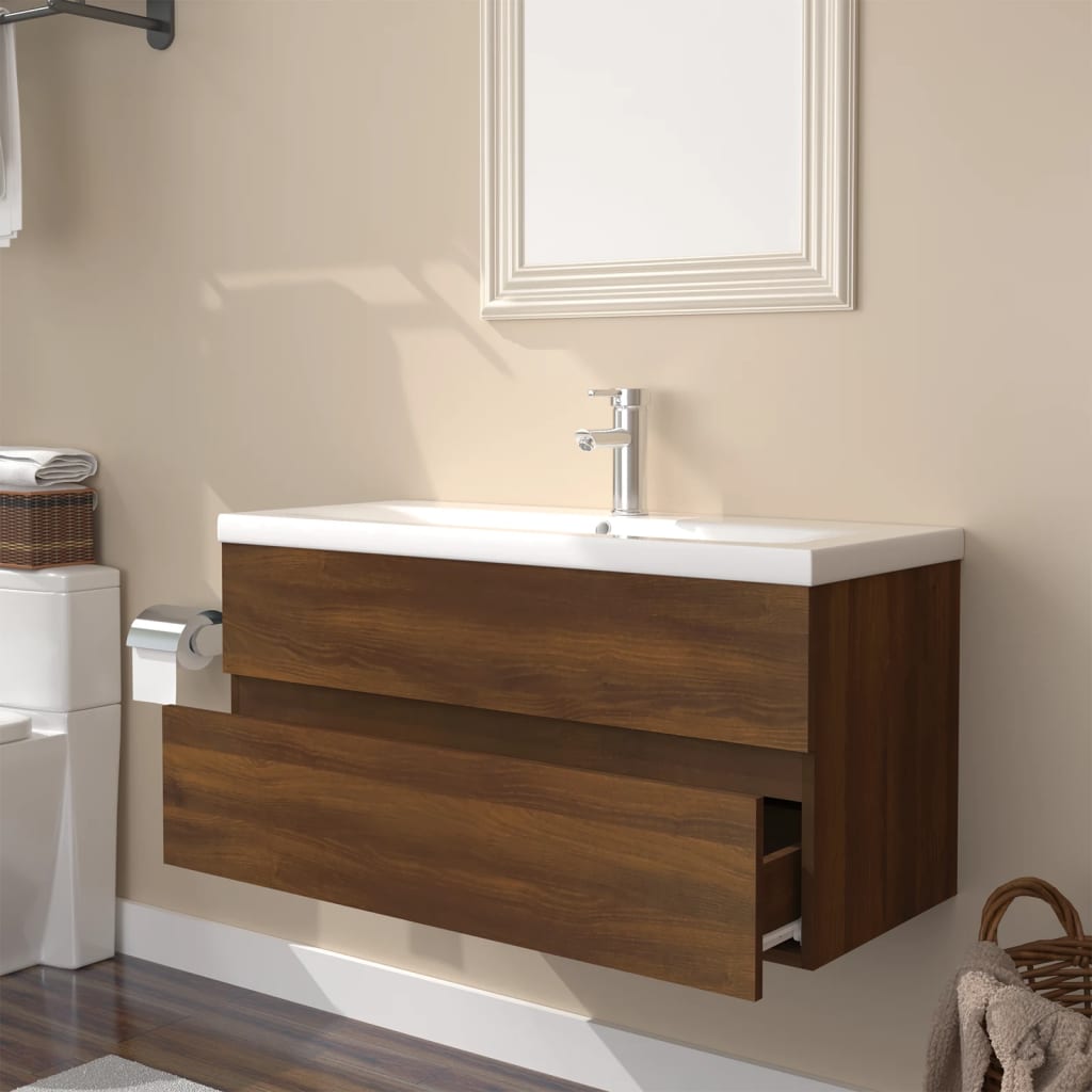 vidaXL Meuble lavabo avec bassin intégré Chêne brun Bois d'ingénierie