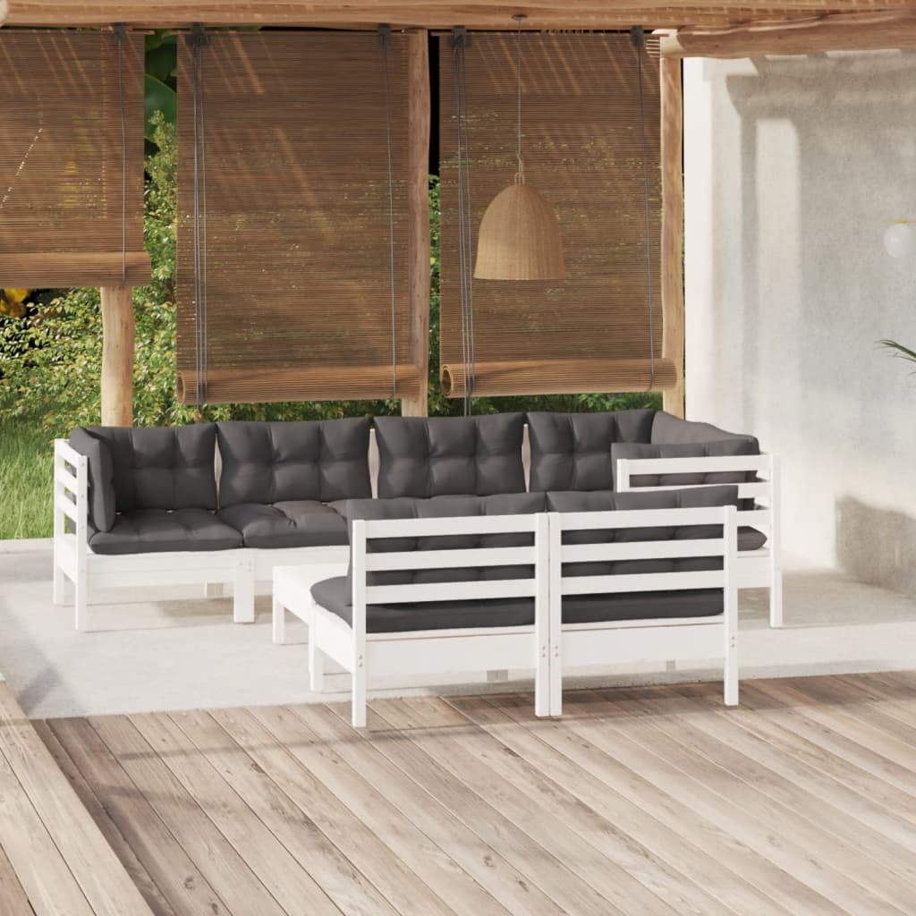 vidaXL Salon de jardin 8 pcs avec coussins blanc bois de pin massif